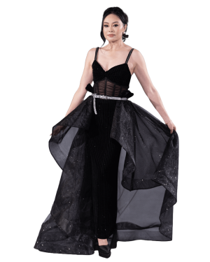 Midnight Elegance Metallic Silver Tulle Sleeveless Gown