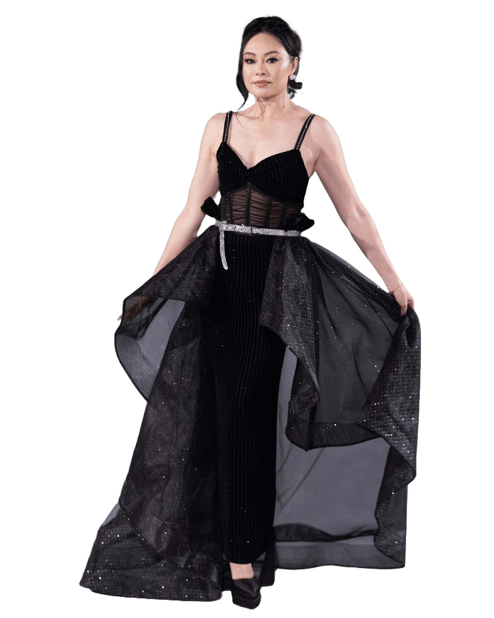 Midnight Elegance Metallic Silver Tulle Sleeveless Gown