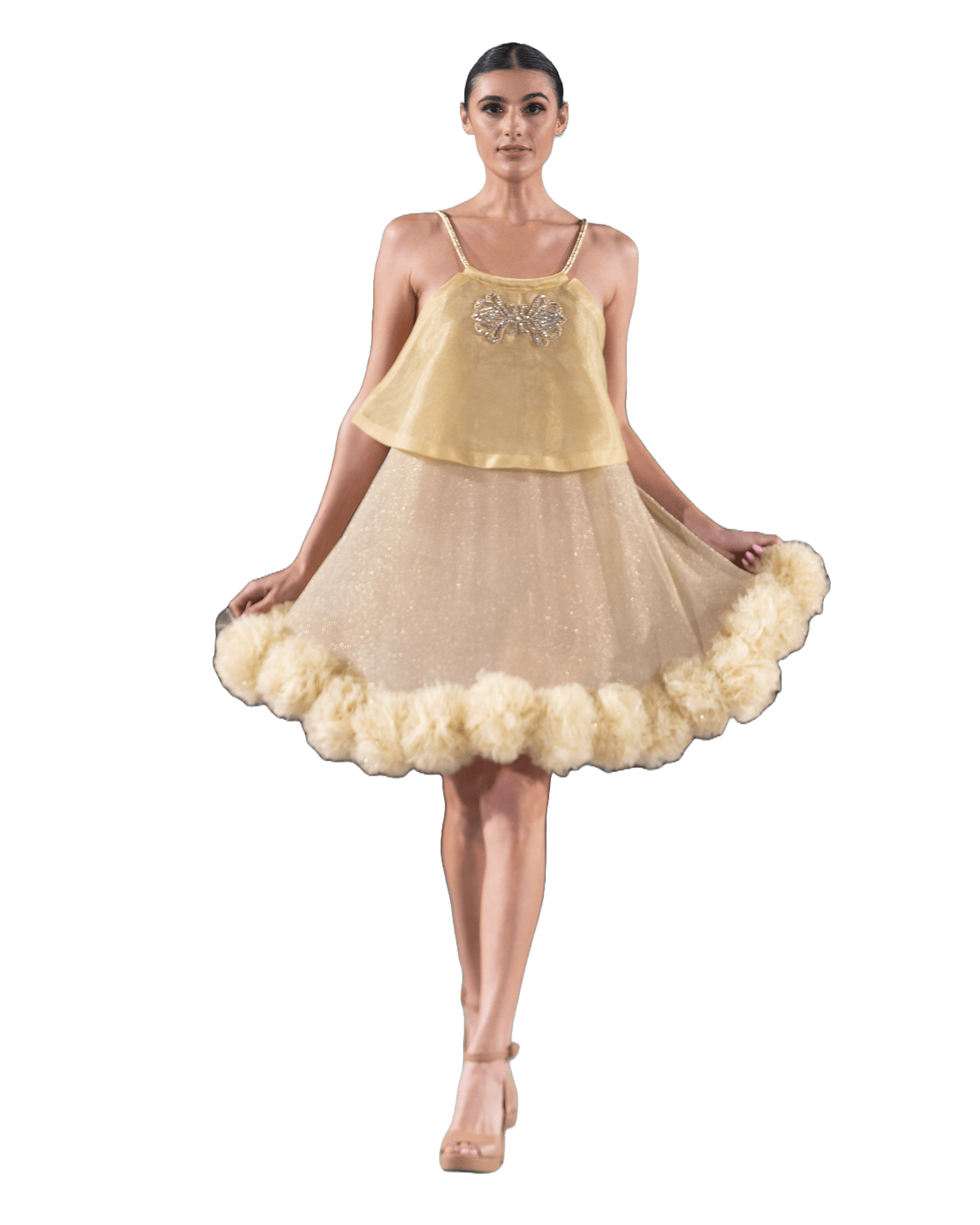Definite Allure Gold Pom Pom Mini Dress