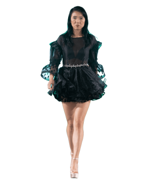 Perfected Glamour Silver Waist Trim Black Organza Mini Dress