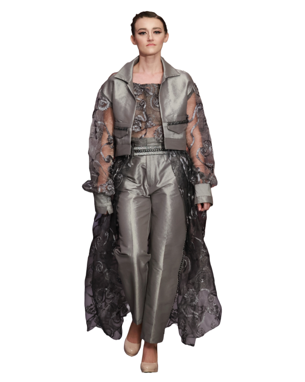Metallic Embroidered Silver Grey 3-Piece Tuxedo Set