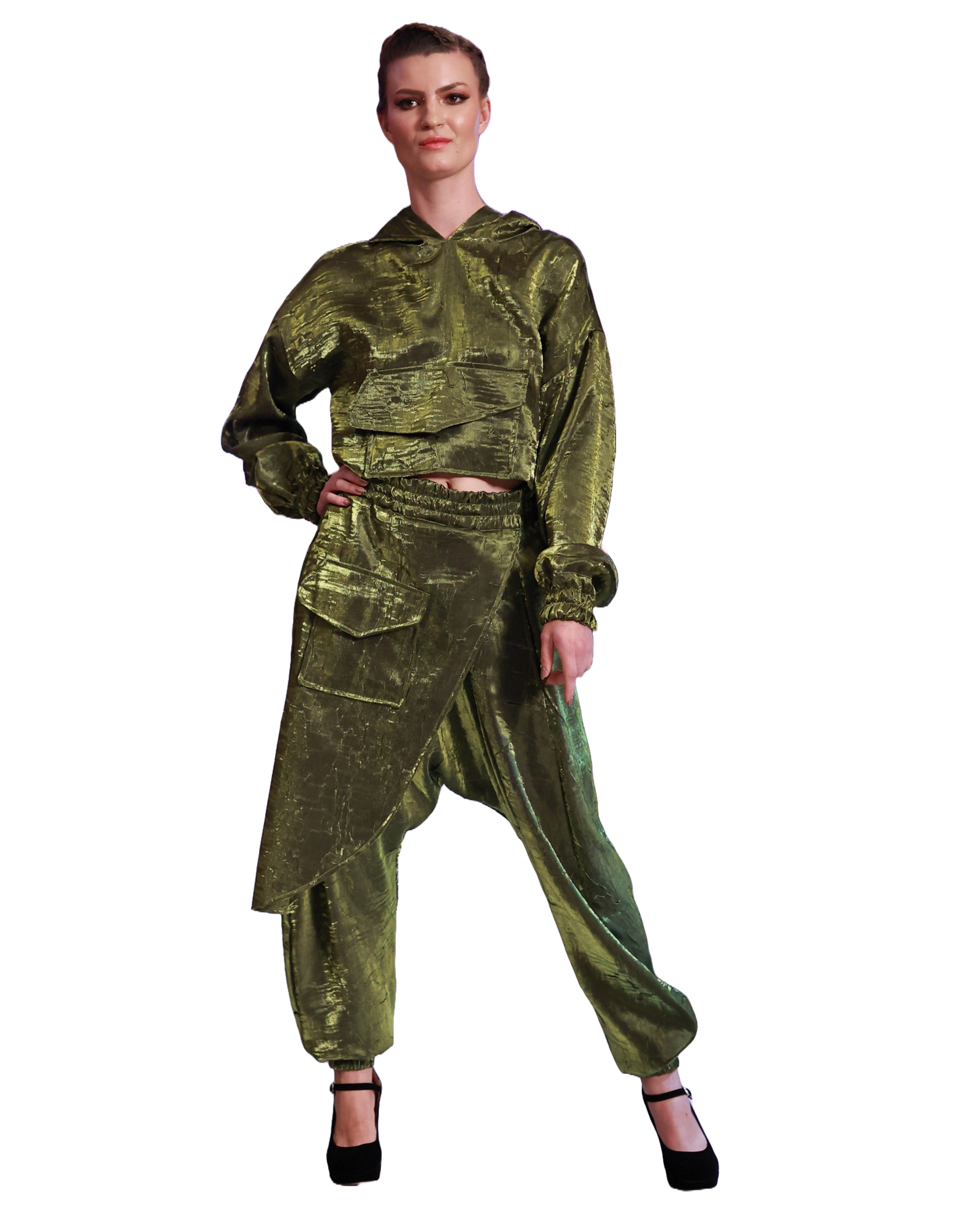 Metallic Green Crop Blouse and Harem Pants Matching Set