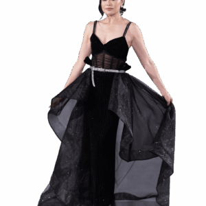 Midnight Elegance Metallic Silver Tulle Sleeveless Gown